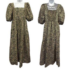 Mango Square Neck Puff Sleeve Cotton Midi Dress Floral Animal Tan Black Size S/4